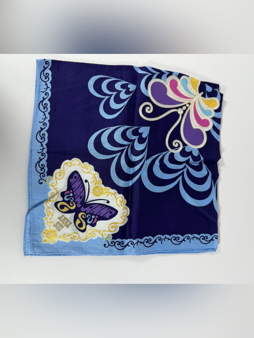 Anna Sui Butterfly Print Cotton Handkerchief Scarf Blue Purple